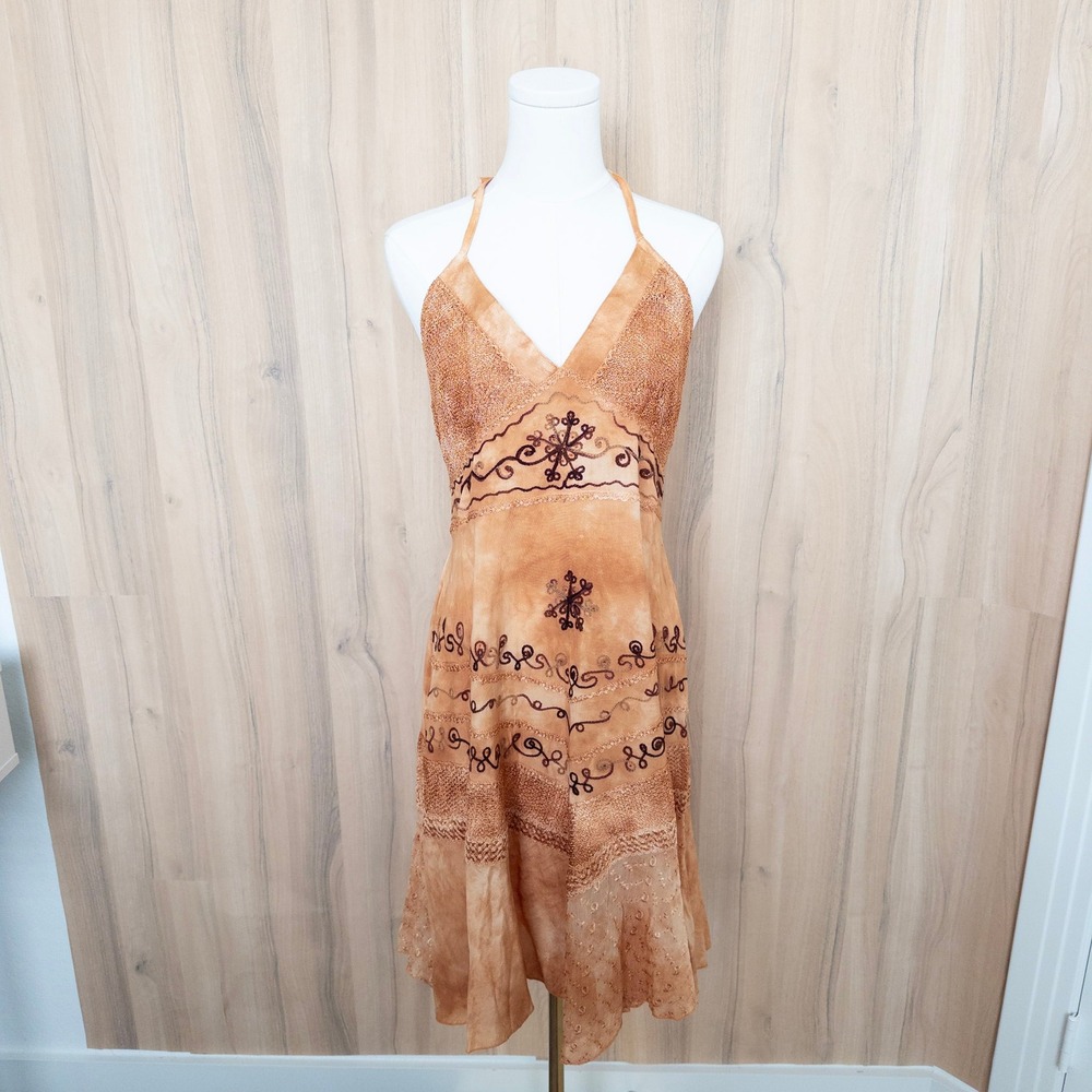 Boho Fairy Halter Dress XL Orange Tie Dye Embroidered Festival Earthy Hippie